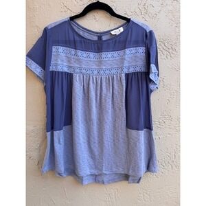 Tulip B NEW Blue Blouse Eyelet Lace Trim Colorblock Cottagecore Shabby Chic
